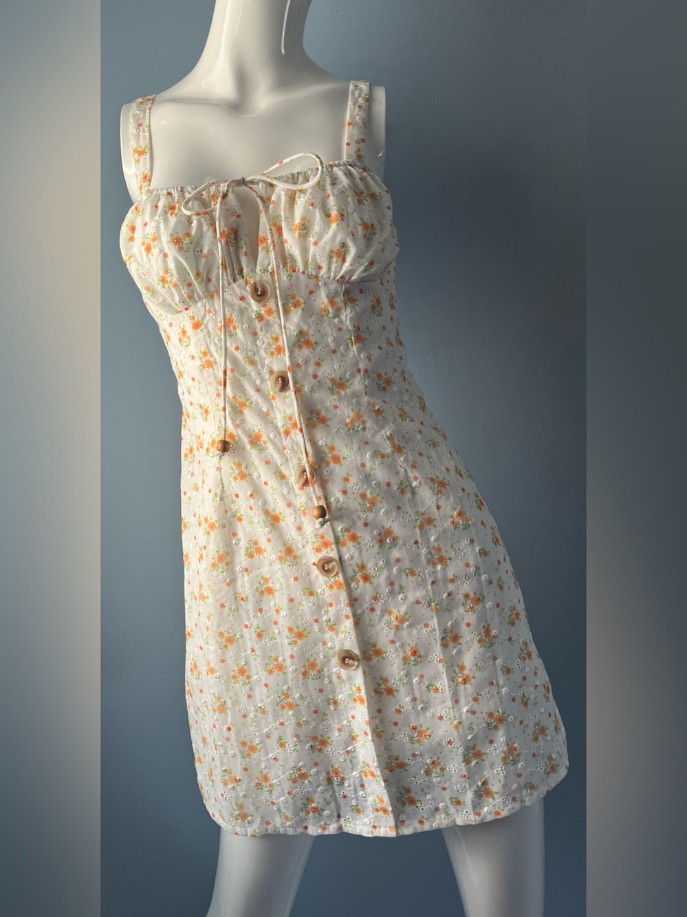 Indikah White & Orange Floral Tie-Front Ruffle Bust Eyelet Mini Dress Size XS